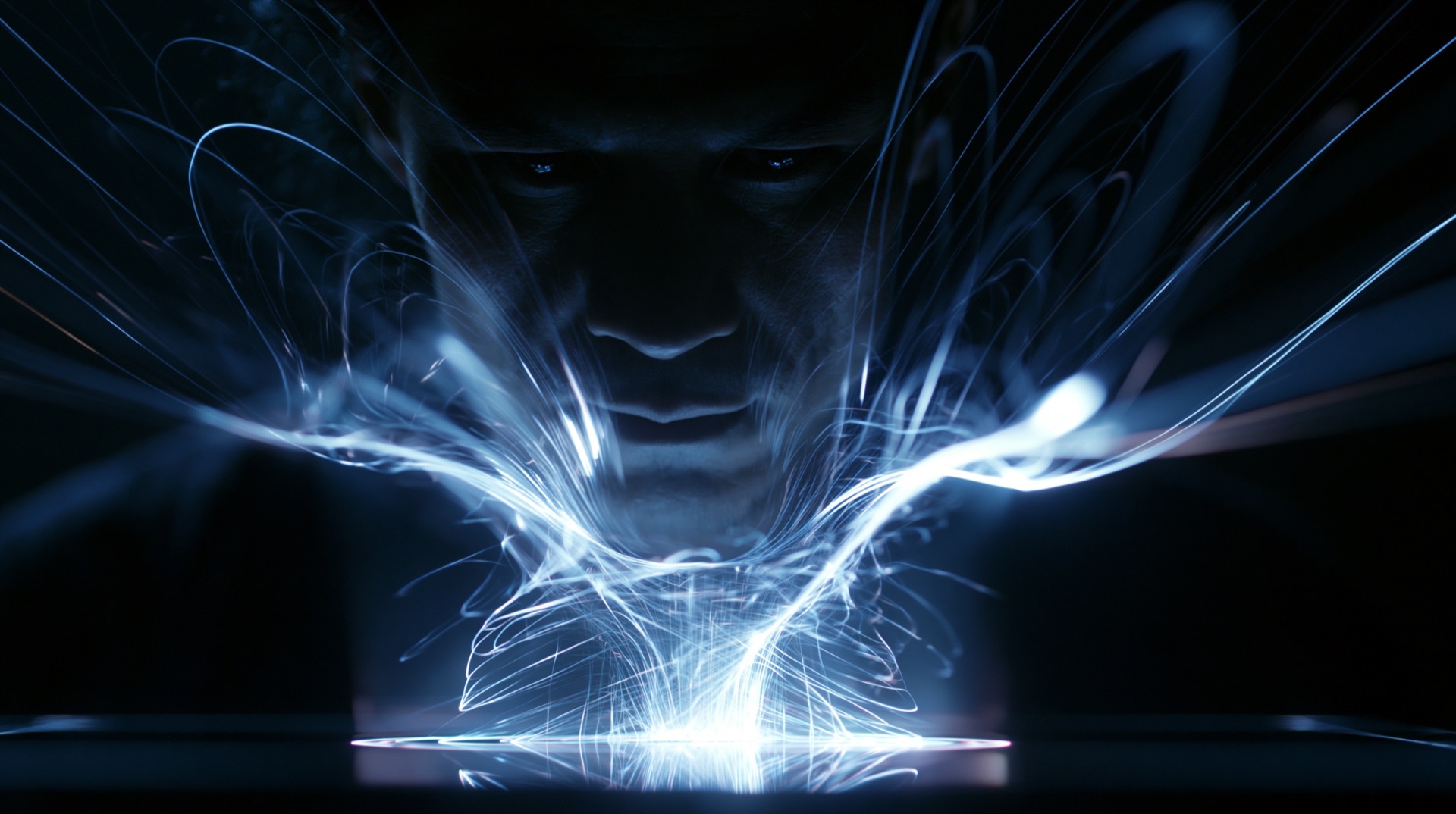 A face lit by a glowing holographic model of the convergence