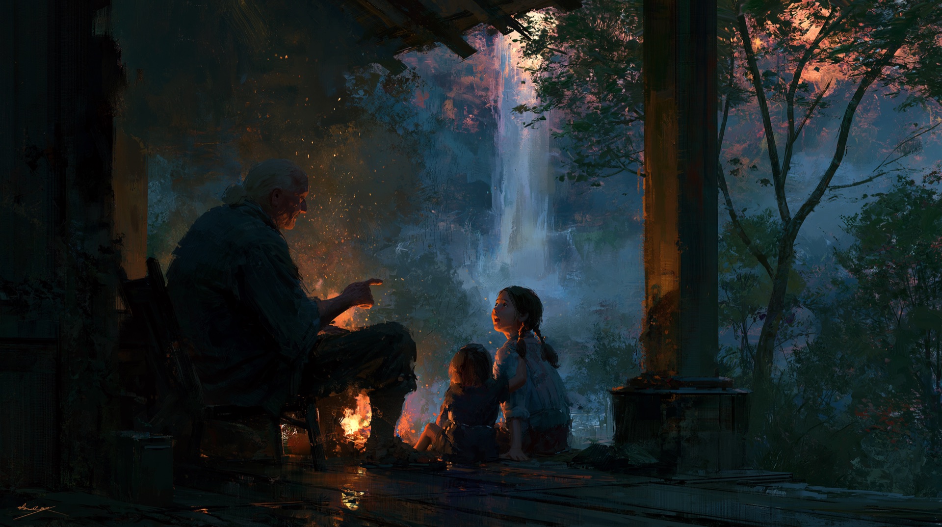 An elder telling stories to children on a porch by the falls at dusk