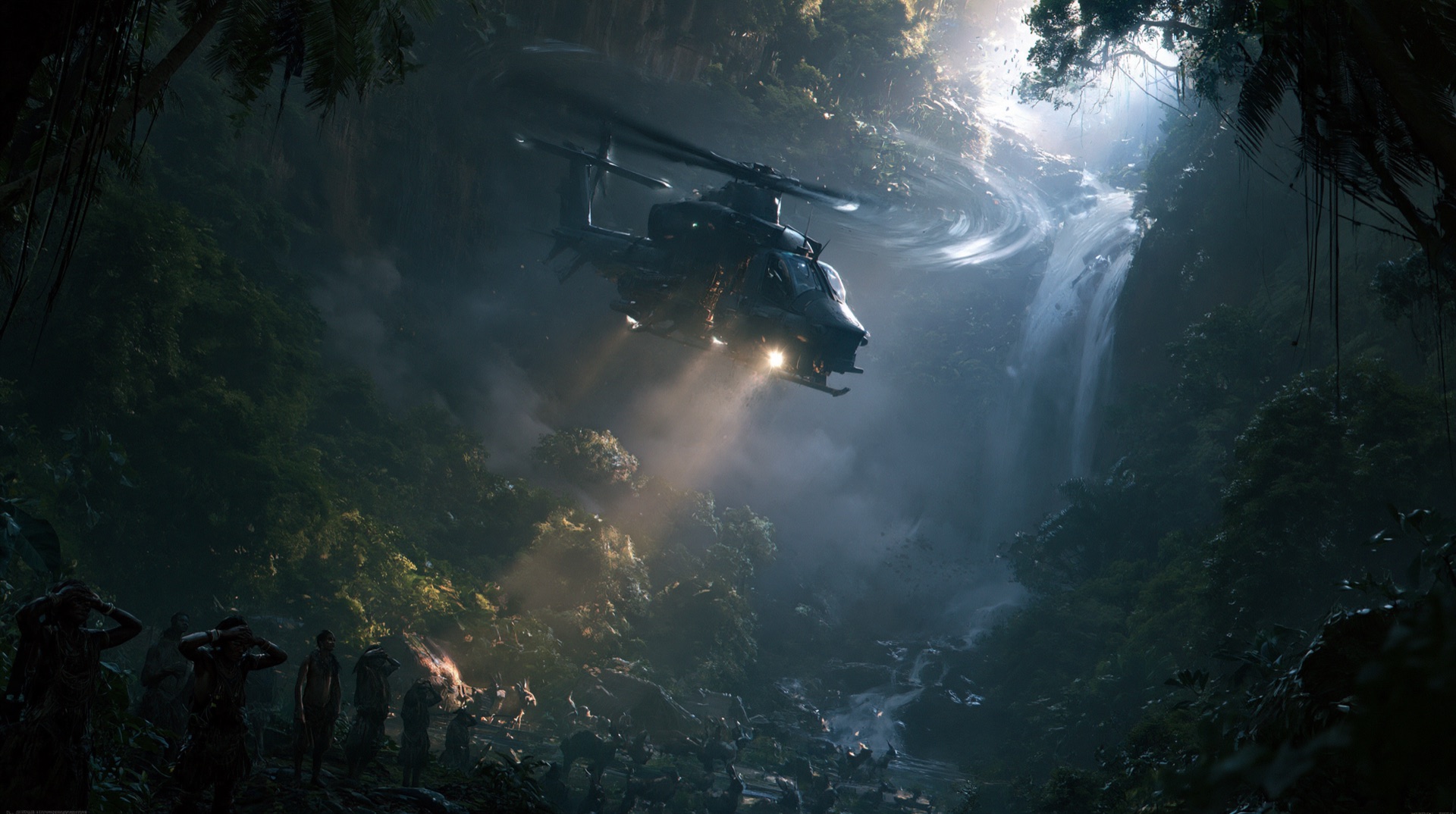 Military helicopter descending over the jungle canopy above the falls