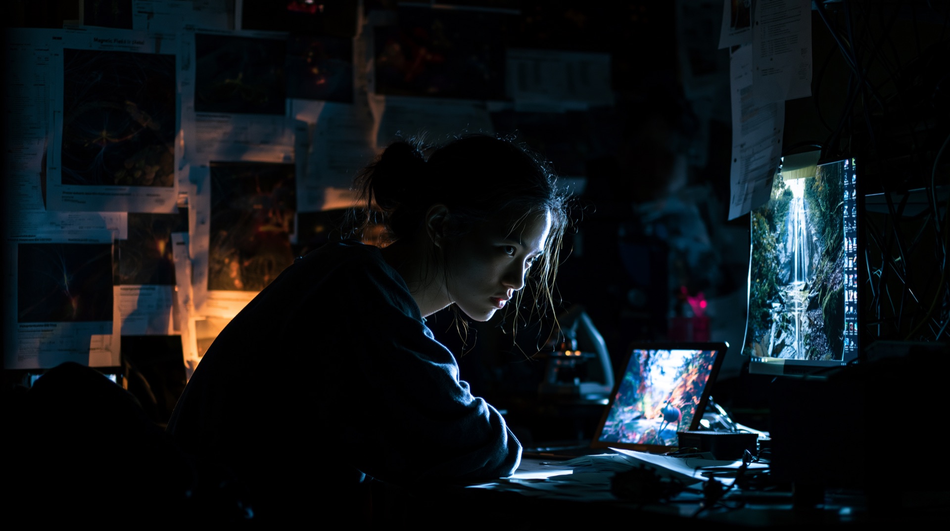 A young woman working late in a dim university physics lab