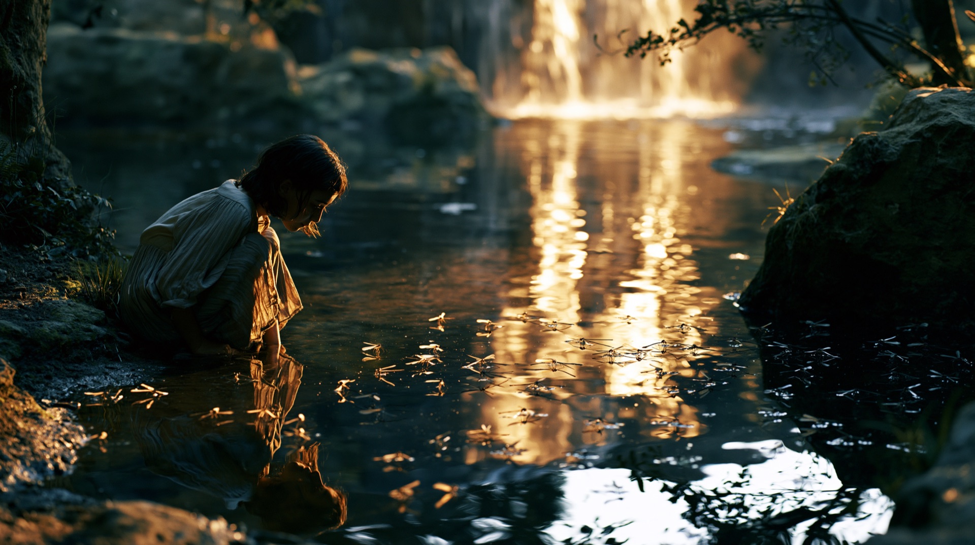 A child crouched at the edge of a glowing waterfall pool
