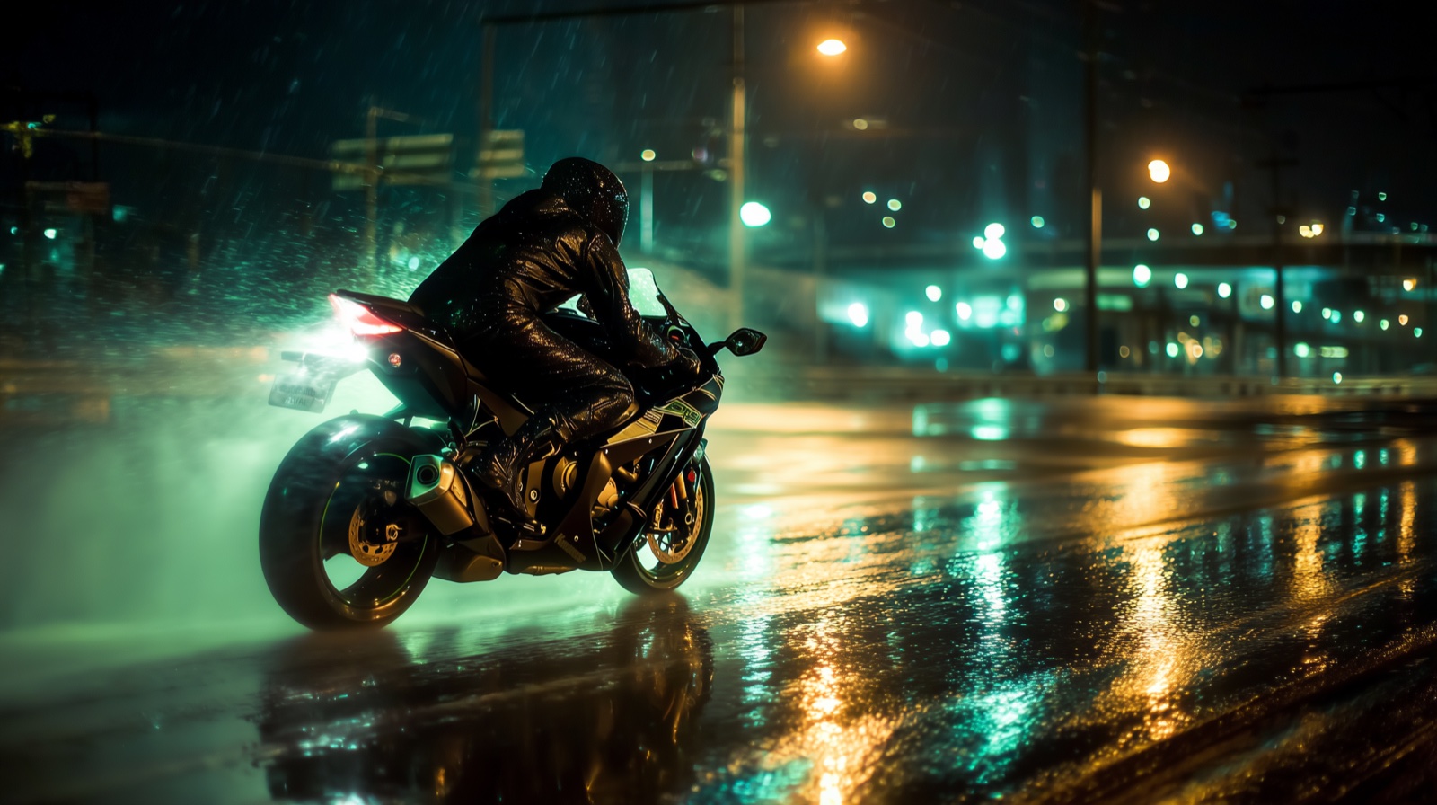 Rider on a black sportbike on a wet street at night