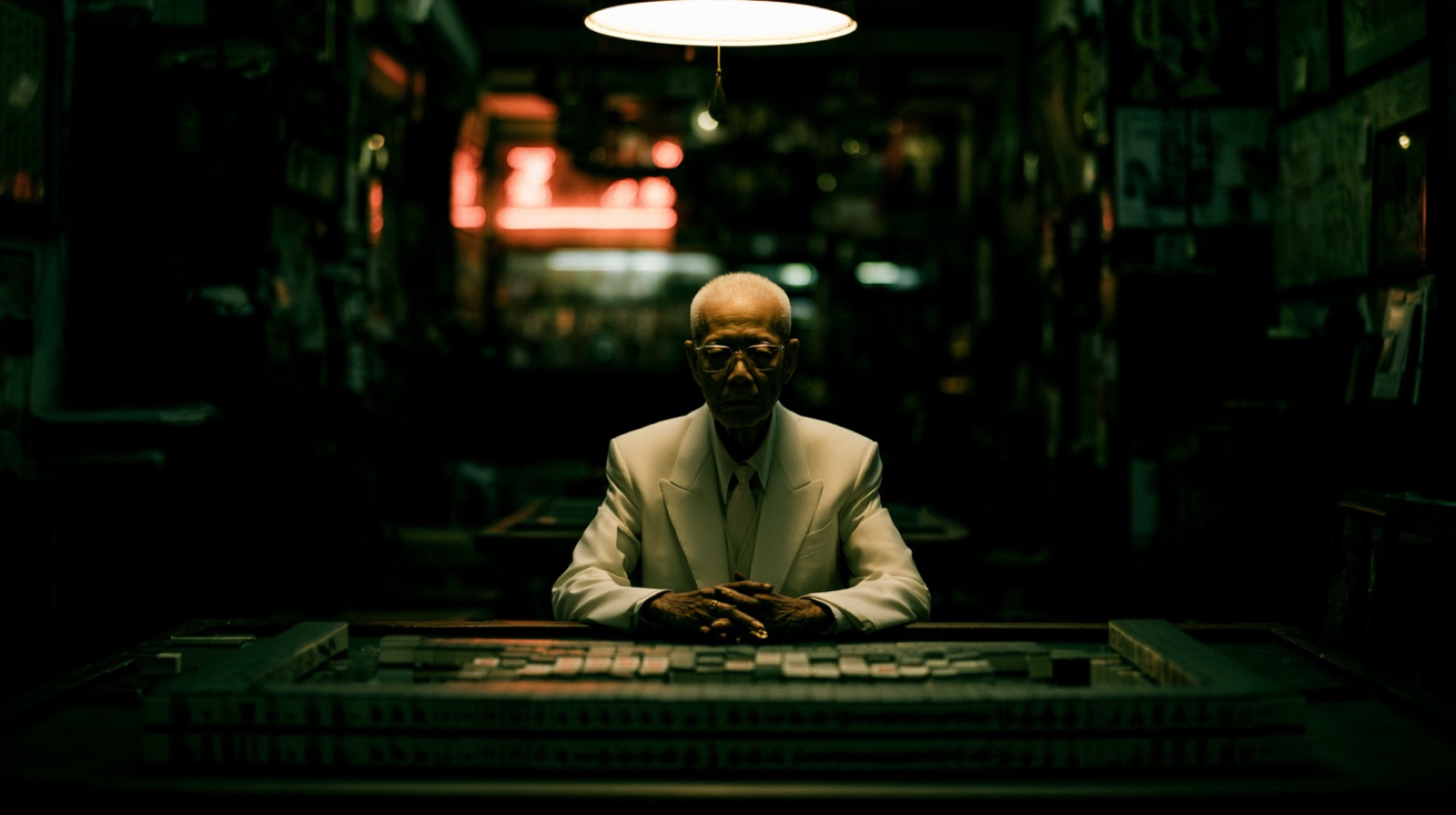 Man in a white suit seated under a low lamp
