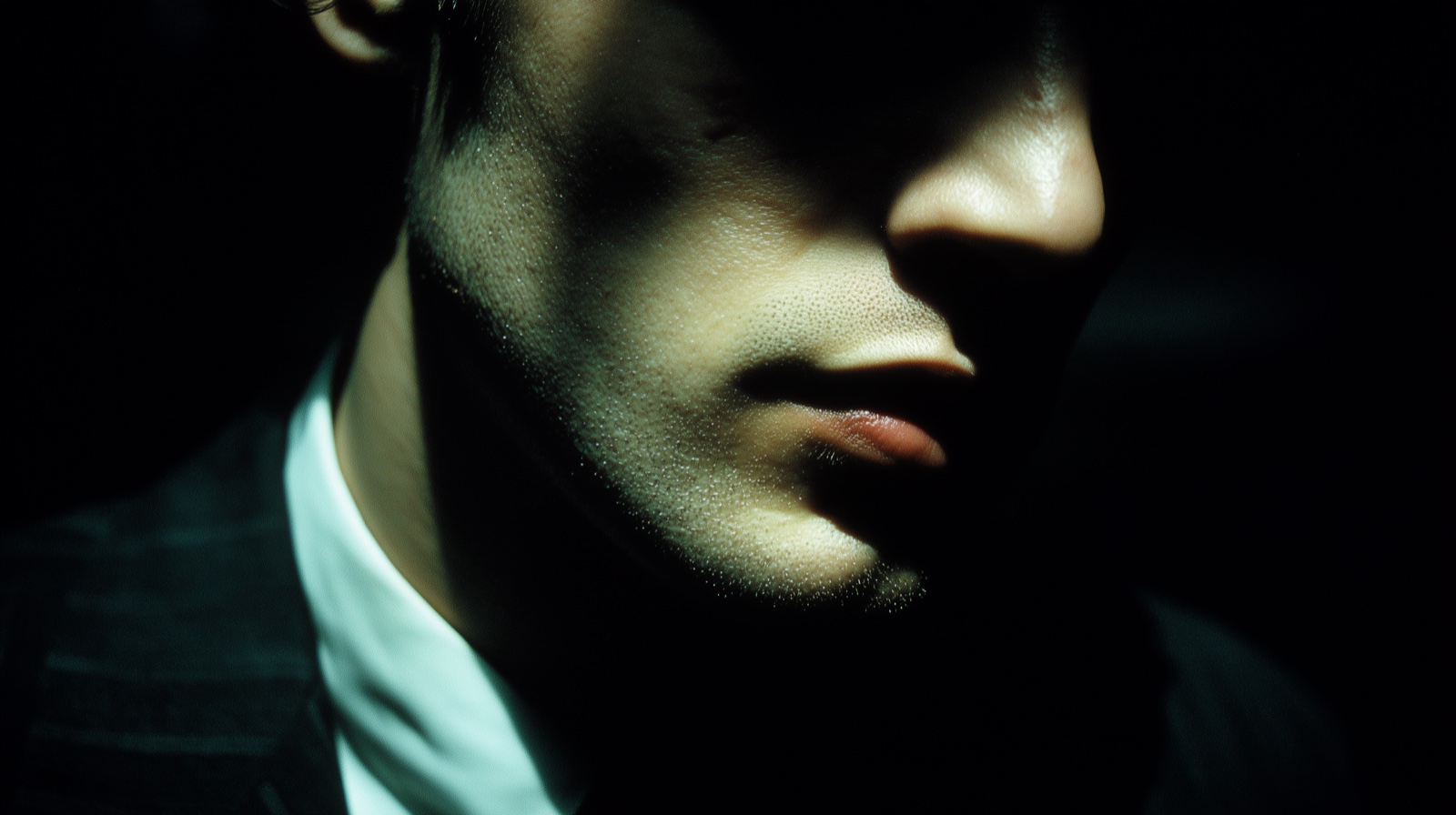 Figure in deep shadow, lower face lit