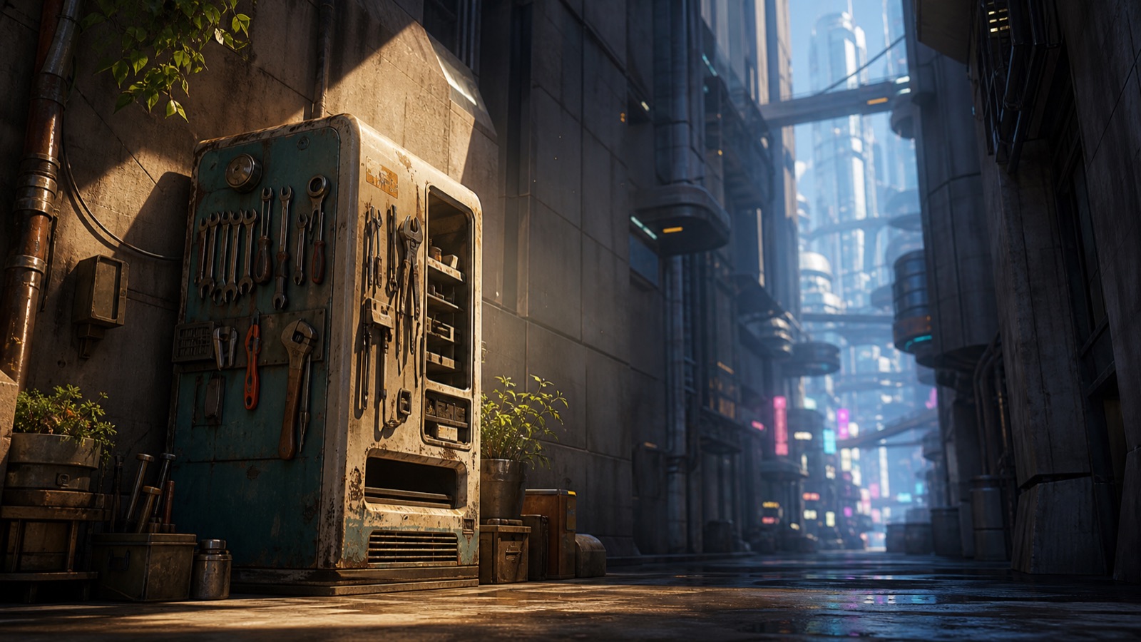 A rusted tool cabinet standing in a narrow alley below the towers of the city
