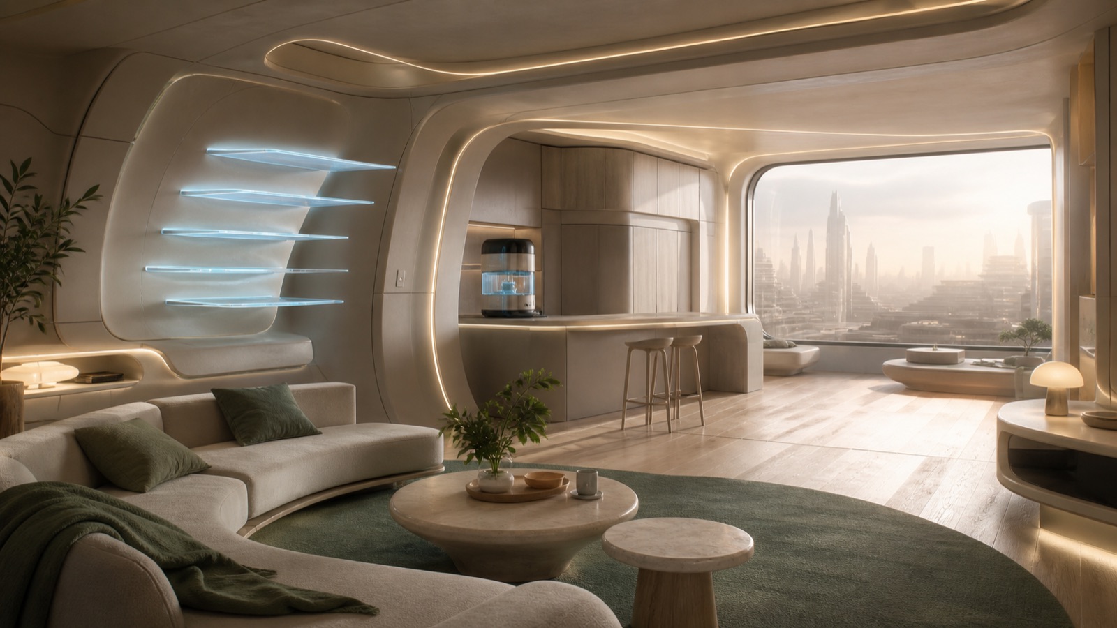 A curved sunlit apartment interior looking out over the Halcyon12 skyline