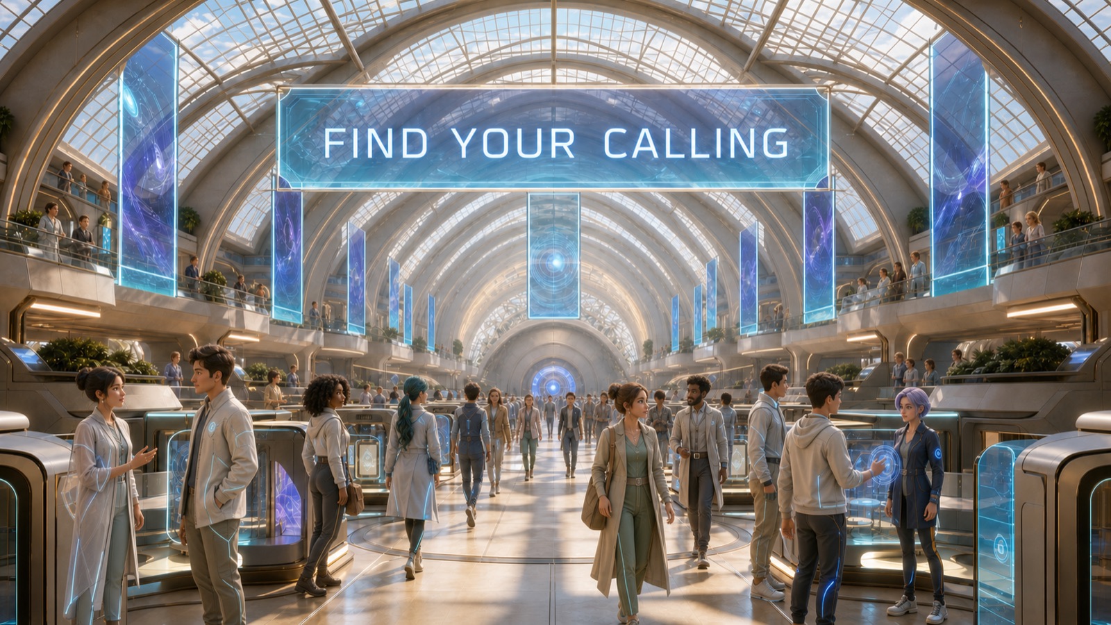 A crowded glass-vaulted hall of placement booths under a sign reading Find Your Calling