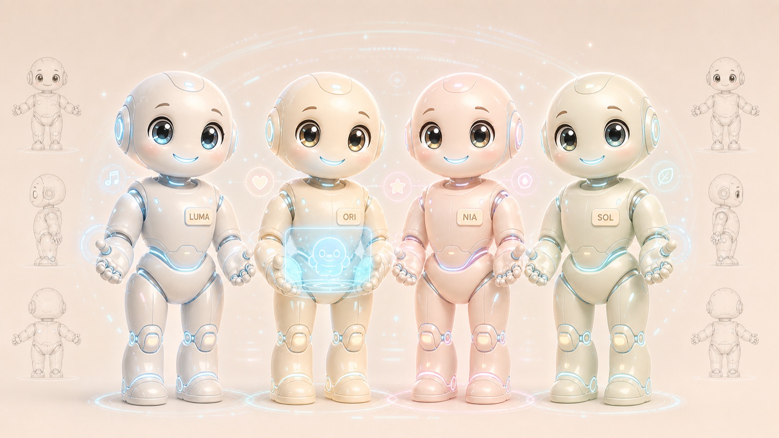 Four small pastel companion robots standing in a row against a warm backdrop