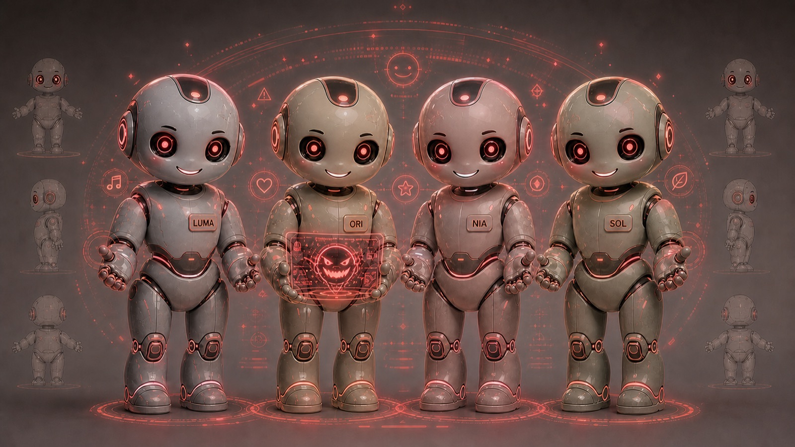 The same four companion robots rendered in red light against a dark schematic backdrop