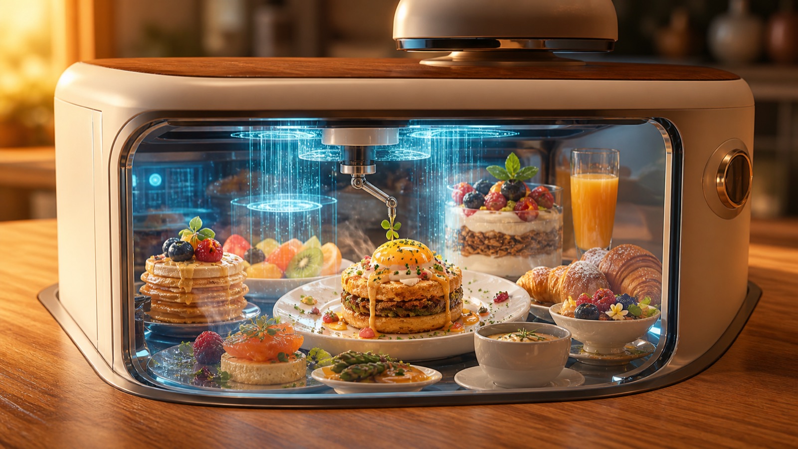 A countertop food replicator assembling plated dishes behind glass