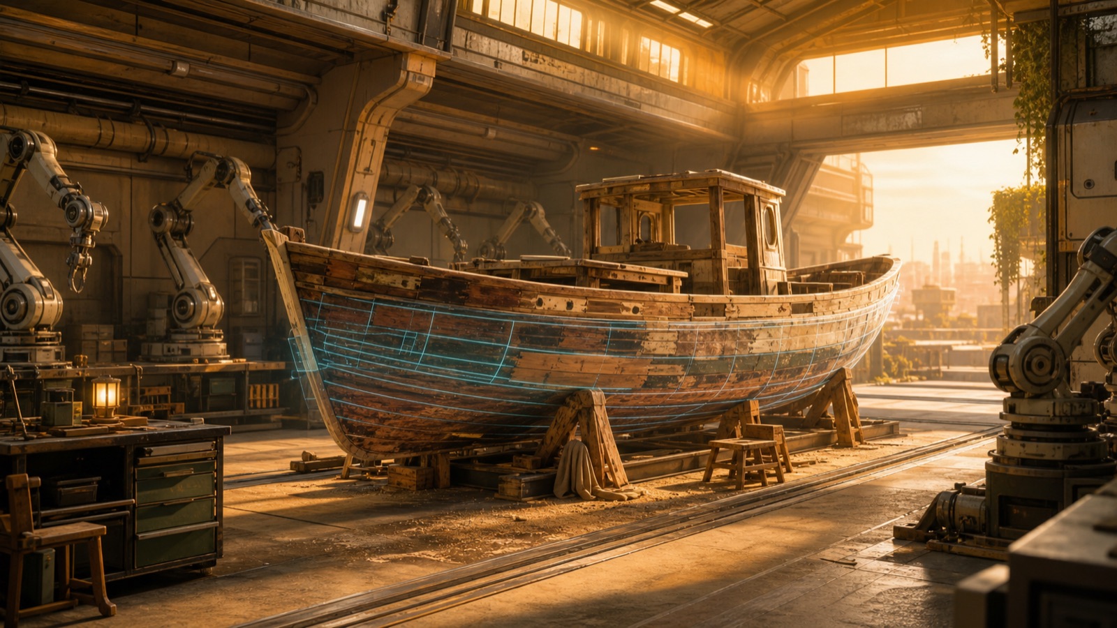 Robotic arms surrounding a wooden boat under restoration in a golden workshop
