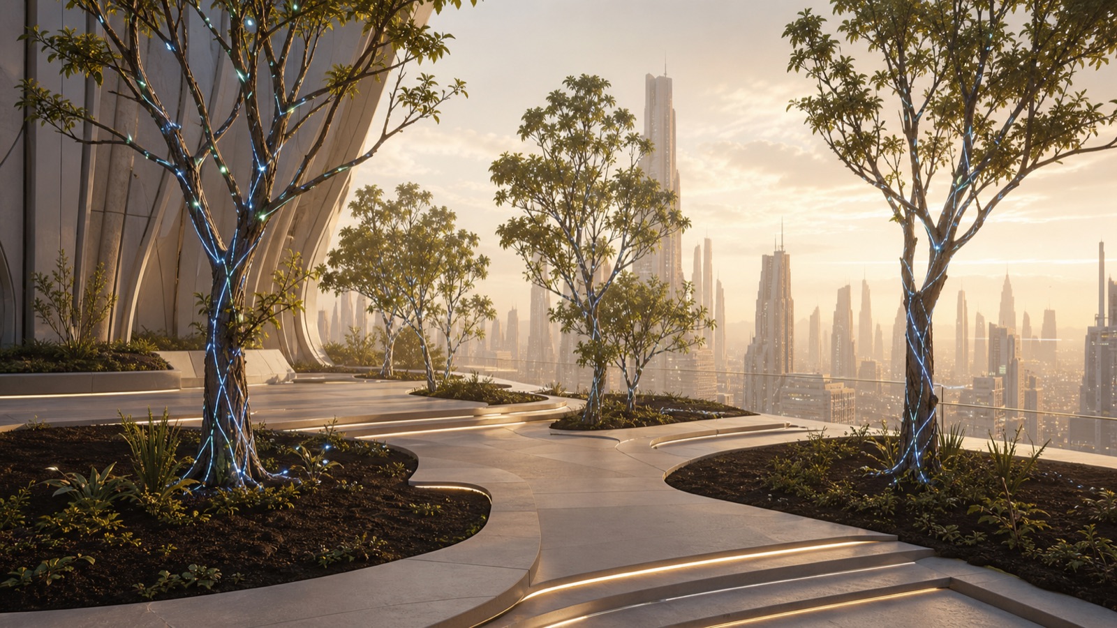A terraced sky garden with bioluminescent trees above the city at dusk